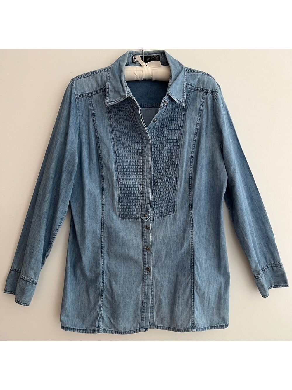 FDJ Denim Tunic Blouse Button Front Long Sleeve Shirred Tuxedo Western Stampede